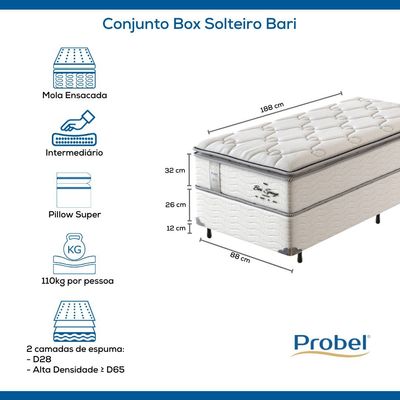 Conjunto Box Solteiro Mola Ensacada Probel Bari (88x188x58cm)