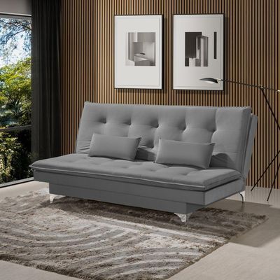 Sofá Cama Bangkok Costura Capitonê Moderna C Almofadas Cor cinza