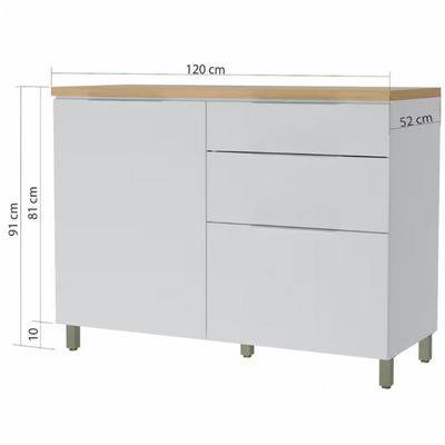 Balcão Nesher Marquesa em MDF 15mm com 1 Porta, 3 Gavetas e 1 Prateleira - 120cm de largura Branco com Nature