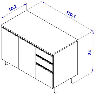 Balcão Bartira Cristal MDP 15mm com 2 Portas, 3 Gavetas e 1 Prateleira - 120,1cm de largura Lâmina Mel