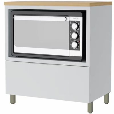 Balcão Nesher Marquesa em MDF 15mm com Nicho para Micro-ondas, 1 Gaveta e 1 Prateleira - 80cm de largura Branco com Nature