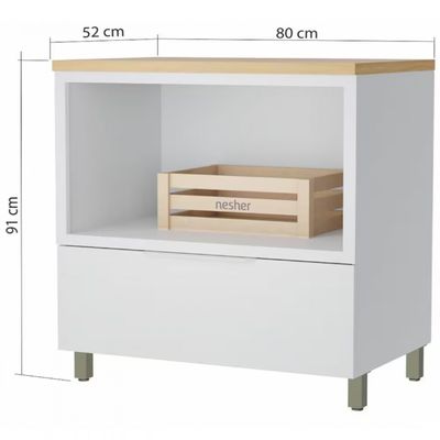 Balcão Nesher Marquesa em MDF 15mm com Nicho para Micro-ondas, 1 Gaveta e 1 Prateleira - 80cm de largura Branco com Nature