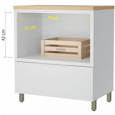 Balcão Nesher Marquesa em MDF 15mm com Nicho para Micro-ondas, 1 Gaveta e 1 Prateleira - 80cm de largura Branco com Nature