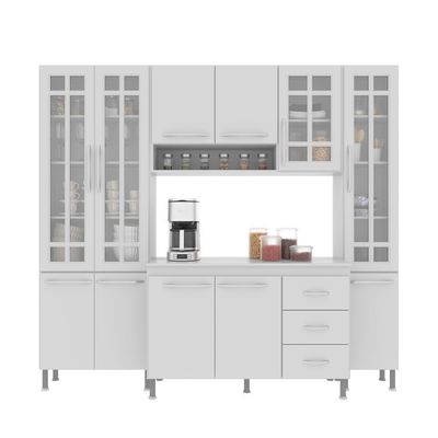 Cozinha Modulada Compacta Fidelitá Viena 4 Peças 225cm 11 Portas 3 Gavetas Com Tampo Branco