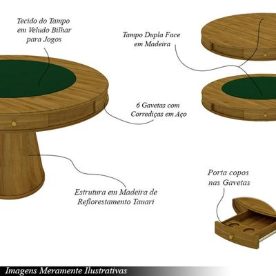 Conjunto Mesa de Jogos Carteado Bellagio Tampo Reversível Verde e 6 Cadeiras Madeira Poker Base Cone Linho Cinza/Mel G42 - Gran Belo