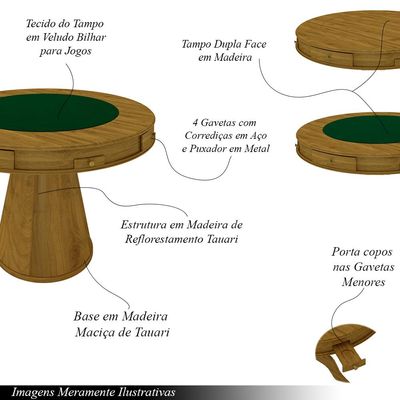 Conjunto Mesa de Jogos Carteado Bellagio Tampo Reversível Verde e 4 Cadeiras Madeira Poker Base Cone Linho Cinza/Mel G42 - Gran Belo
