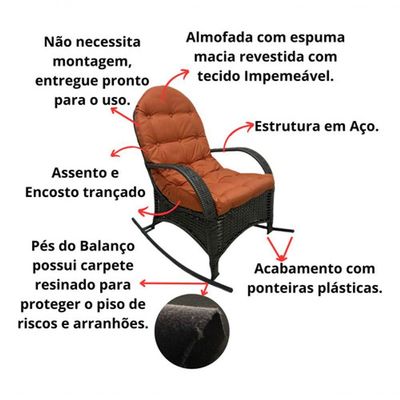 Cadeira Balanço Poltrona Descanso Com Almofada Ergonômica Laranja