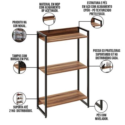 Kit Escritório Estante 3 Prateleiras Com Mesa 150Cm Nogal