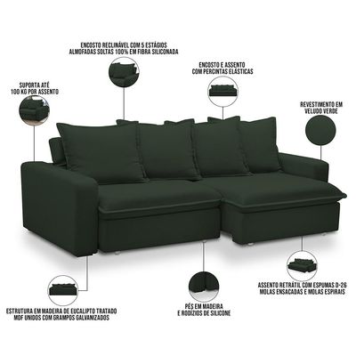 Sofá Retrátil Reclinável Para Sala de Estar Living 195cm Vêneto F04 Veludo Verde - Lyam Decor
