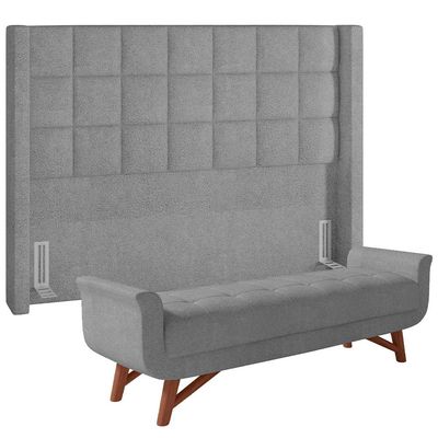 Kit Cabeceira Cama Box Paris 195 cm com Puff Recamier Itália P05 Bouclê Cinza - Lyam Decor