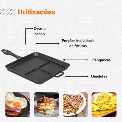 Frigideira Breakfast Café da Manhã Ovo e Bacon 3 Divisórias de Ferro Fundido…