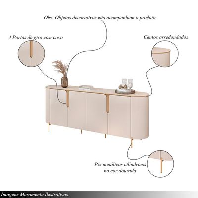 Conjunto Cristaleira Decorativa Vitória 2 Portas de Vidro e Buffet América 4 Portas Pés Metálicos Dourados Off White/Freijó G18 - Gran Belo