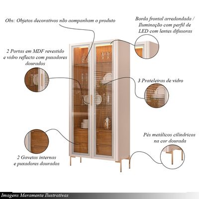 Conjunto Cristaleira Decorativa Vitória 2 Portas de Vidro e Buffet América 4 Portas Pés Metálicos Dourados Off White/Freijó G18 - Gran Belo