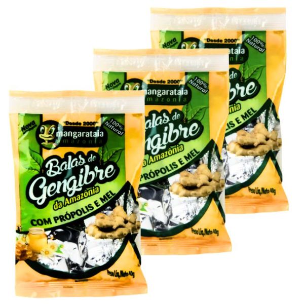 Balas de Gengibre da Amazônia com Própolis e Mel - 3 pacotes de 40 g - 100% natural
