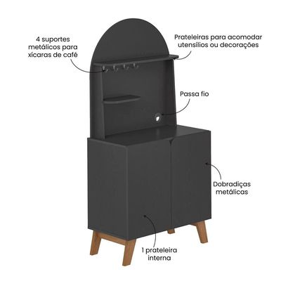 Cantinho do Café Artely Viena com 2 portas e 3 prateleiras 80cm de largura Preto