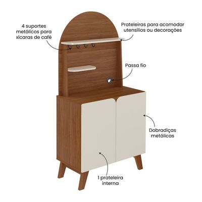 Cantinho do Café Artely Viena com 2 portas e 3 prateleiras 80cm de largura Cedro com Off White