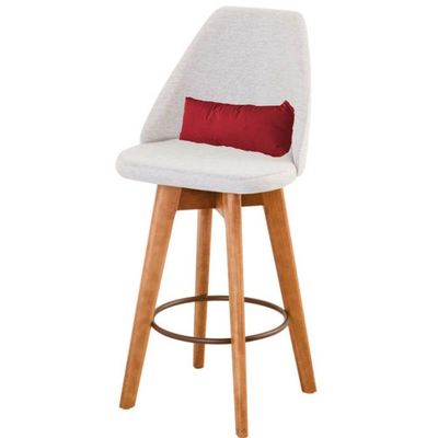 Banqueta Alta Maya Giratória Com Encosto Gourmet Linho Bege e Almofada Vermelho - Aurora Line
