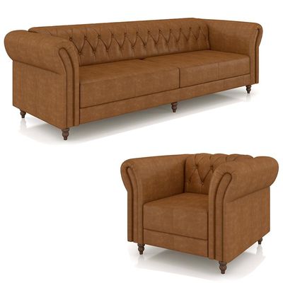 Conjunto Sala de Estar 1 Sofá Living 240cm e 1 Poltrona Stanford Chesterfield Pés Madeira Couro Mel Manchado G58 - Gran Belo
