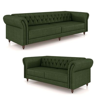 Conjunto de Sofá Sala de Estar Stanford Chesterfield 2 e 3 Lugares 180cm/240cm Pés Madeira Couro Verde Manchado G58 - Gran Belo