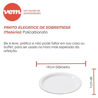Prato Elegance Raso Redondo 19cm Branco Em Policarbonato Linha Profissional Cook Vem