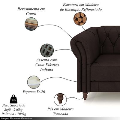 Conjunto Sala de Estar 1 Sofá Living 200cm e 1 Poltrona Stanford Chesterfield Pés Madeira Couro Marrom G58 - Gran Belo