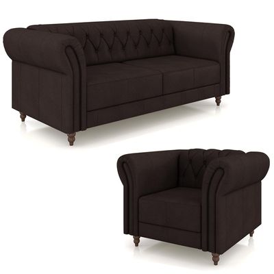 Conjunto Sala de Estar 1 Sofá Living 200cm e 1 Poltrona Stanford Chesterfield Pés Madeira Couro Marrom G58 - Gran Belo