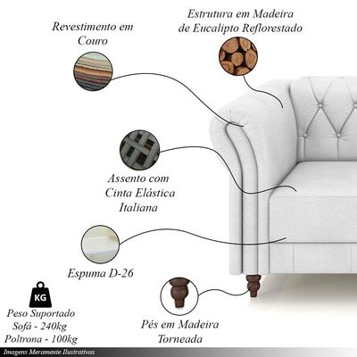 Conjunto Sala de Estar 1 Sofá Living 240cm e 1 Poltrona Stanford Chesterfield Pés Madeira Couro Branco G58 - Gran Belo