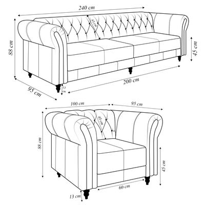 Conjunto Sala de Estar 1 Sofá Living 240cm e 1 Poltrona Stanford Chesterfield Pés Madeira Couro Branco G58 - Gran Belo