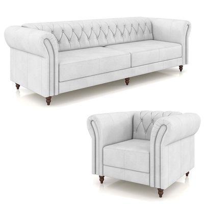 Conjunto Sala de Estar 1 Sofá Living 240cm e 1 Poltrona Stanford Chesterfield Pés Madeira Couro Branco G58 - Gran Belo