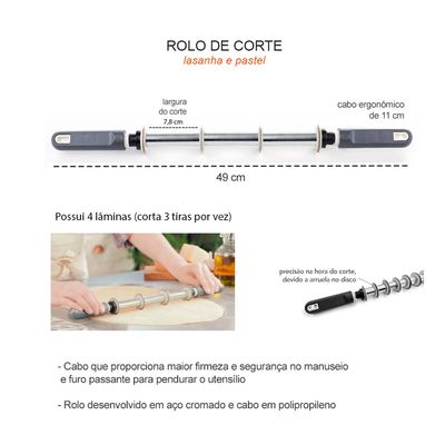 Rolo de Massa Cortador Lasanha Pastel Aço Cromado 78mm