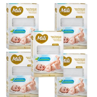 Cotonete Hastes Flexiveis 5 caixas c/ 75 unid. Biodegradável