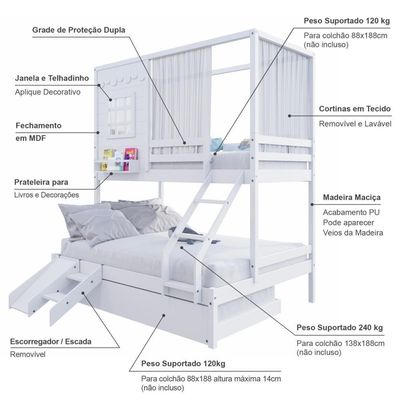 Treliche Casinha Reta Casal Escorregador Cortina Branco