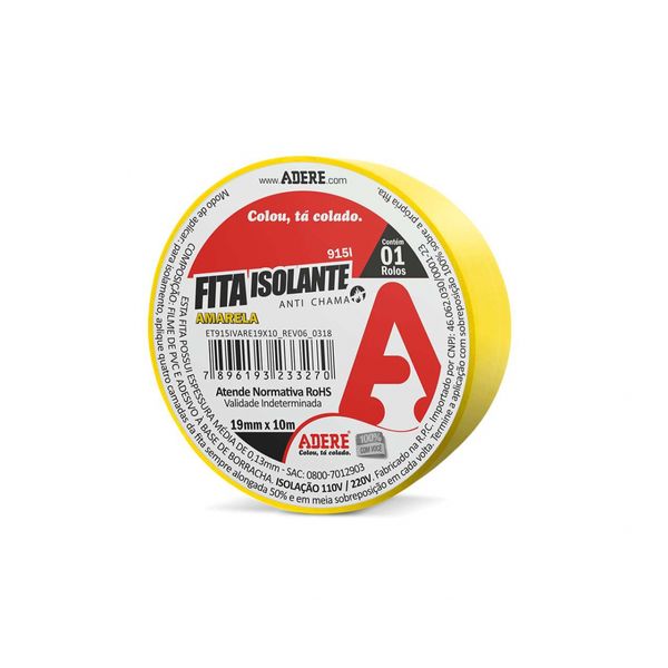 FITA ISOLANTE ADERE COLORIDA 19MMX10M AMARELA