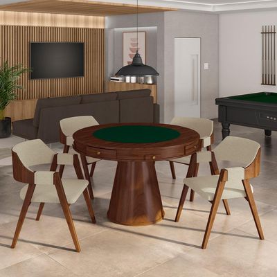 Conjunto Mesa de Jogos Carteado Bellagio Tampo Reversível Verde e 4 Cadeiras Madeira Poker Base Cone Linho OffWhite/Imbuia G42 - Gran Belo