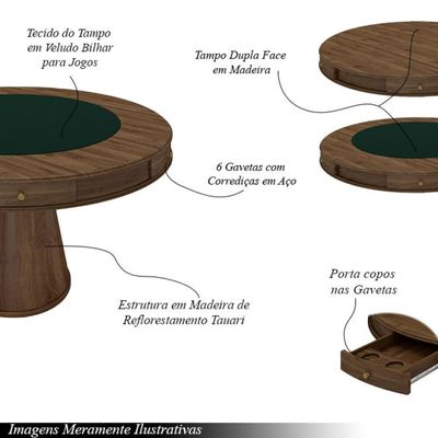 Conjunto Mesa de Jogos Carteado Bellagio Tampo Reversível e 6 Cadeiras Madeira Poker Base Cone Veludo Preto/Nogueira G42 - Gran Belo