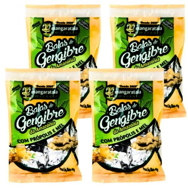 Balas de Gengibre da Amazônia com Própolis e Mel - 4 pacotes de 40 g - 100% natural