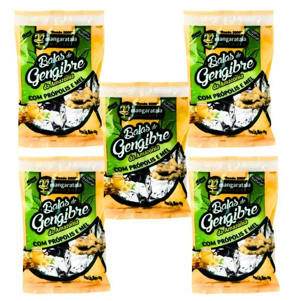 Balas de Gengibre da Amazônia com Própolis e Mel - 5 pacotes de 40 g - 100% natural