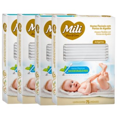 Cotonete Hastes Flexiveis 4 caixas c/ 75 unid. Biodegradável