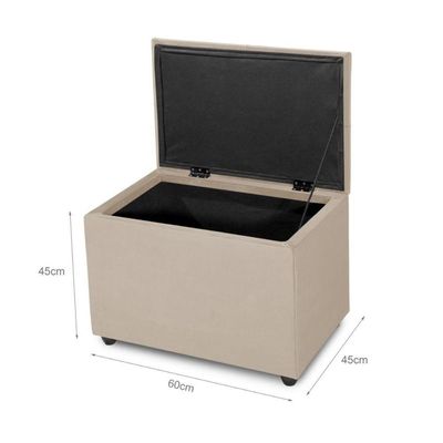 Puff Baú 60cm Porta Treco Madeira Veludo Estofado Premium Cor bege