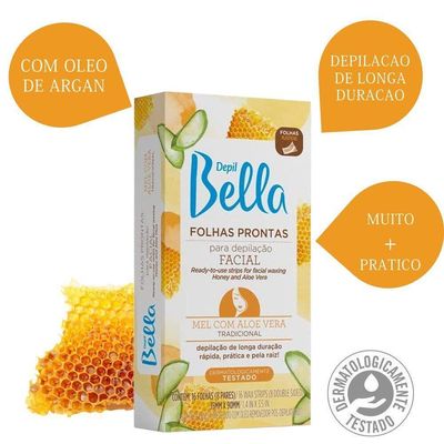 Kit 32 Folhas Prontas Para Depilação Facial Mel E Aloe Vera Depil Bella 2cx 16un