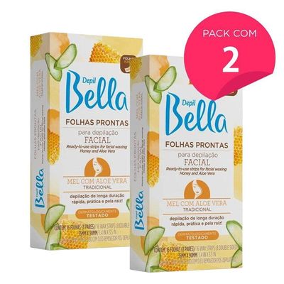 Kit 32 Folhas Prontas Para Depilação Facial Mel E Aloe Vera Depil Bella 2cx 16un