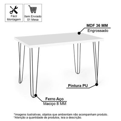 Mesa De Jantar Retangular 4 Lugares 130x80 Base De Ferro Hairpin Branco - Straub Web