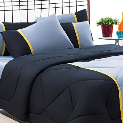 Enxoval Edredom + Jogo De Cama King Aconchego Premium 06 Peças Preto- Cinza