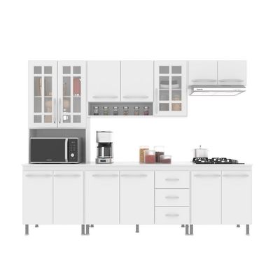 Cozinha Modulada Completa Fidelitá Viena 5 Peças 260cm 13 Portas 3 Gavetas Com Tampo Branco