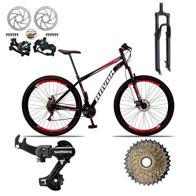Bicicleta Mountain Bike 21 Velocidades Aço Suspensão Shimano Azul e Rosa