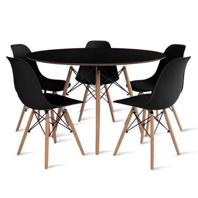 Conjunto De Mesa De Jantar Eames Eiffel Redonda 120cm Tampo De Madeira Preto Com 5 Cadeiras Pretas