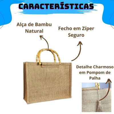Bolsa De Praia De Palha De Juta Alça De Bambu Feminina Com Chaveiro Em Palha