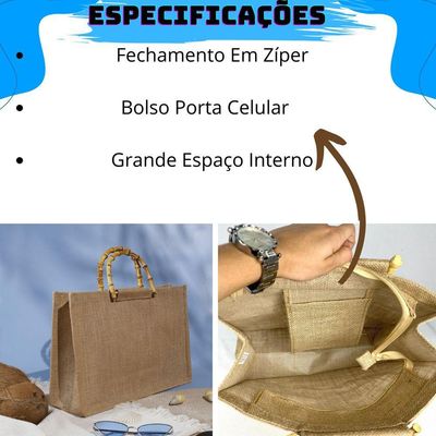 Bolsa De Praia De Palha De Juta Alça De Bambu Feminina Com Chaveiro Em Palha