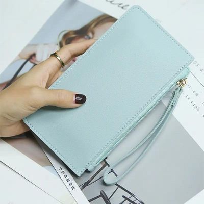 Carteira Feminina Azul Com Zíper Porta Documentos Cartão Pu
