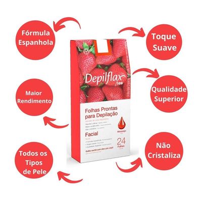 Folhas Prontas Para Depilação Facial Buço Sobrancelha Depilflax Morango 24un